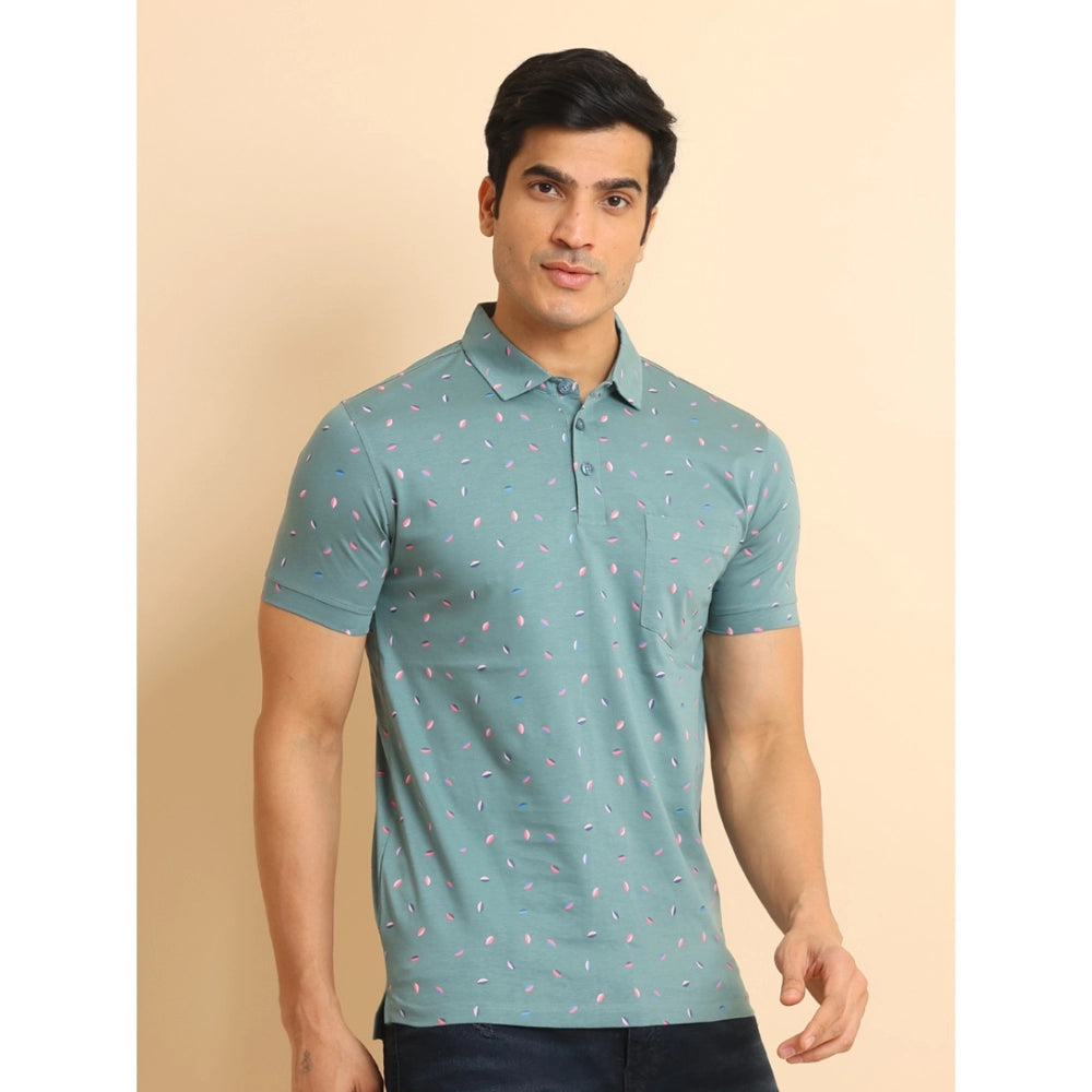 Men's Casual Cotton Printed Polo Neck Half Sleeve T-Shirt (Grey)