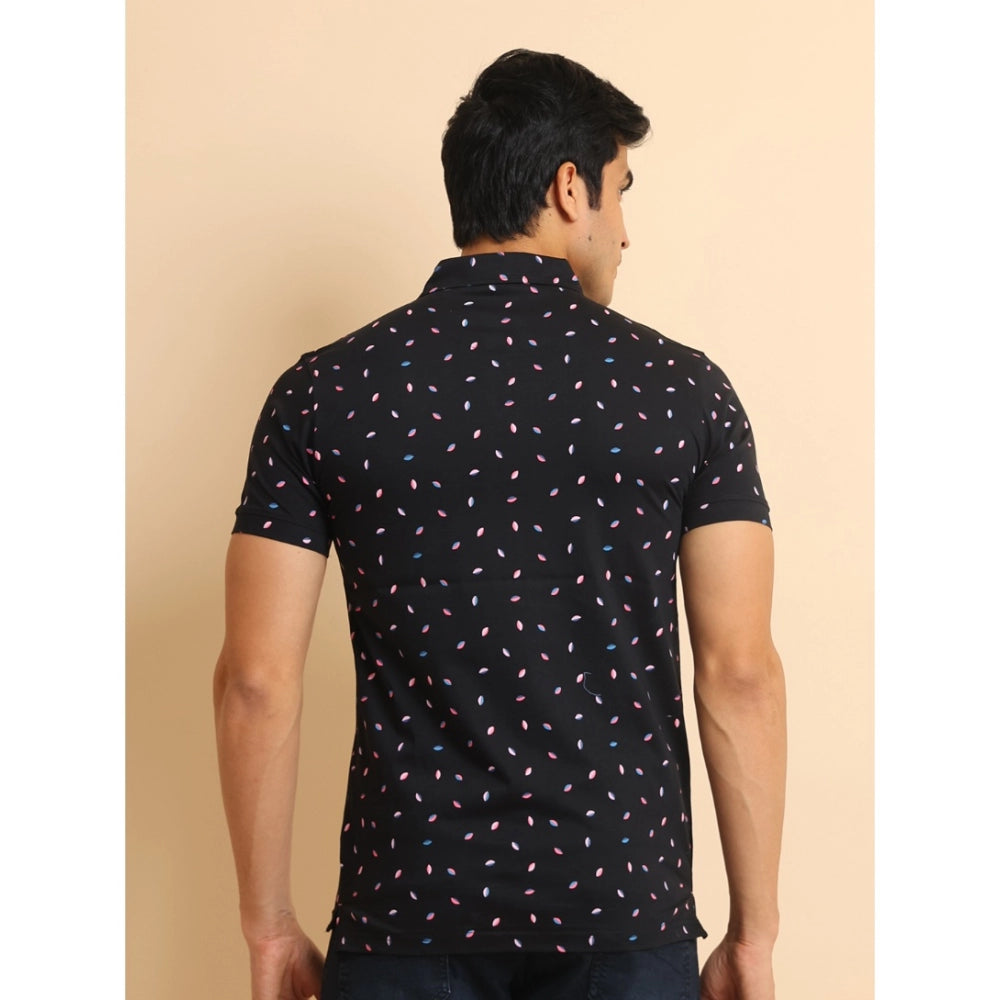 Men's Casual Cotton Printed Polo Neck Half Sleeve T-Shirt (Black)