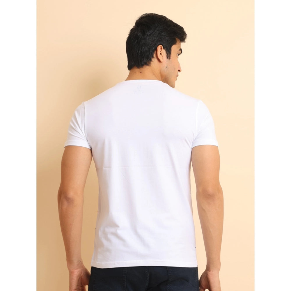 Men's Casual Cotton Printed Round Neck Half Sleeve T-Shirt (White)