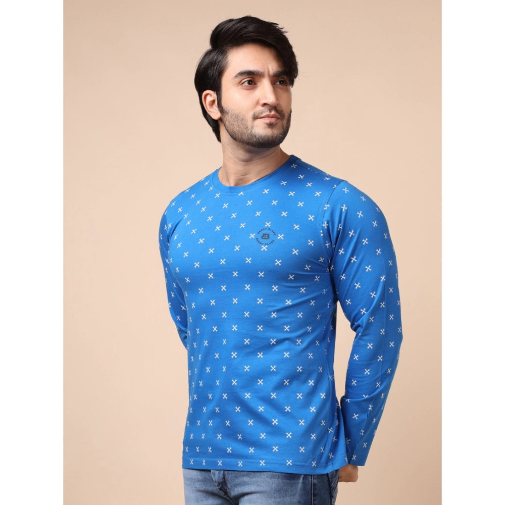 Men's Casual Cotton Printed Round Neck Full Sleeve T-Shirt (Blue)