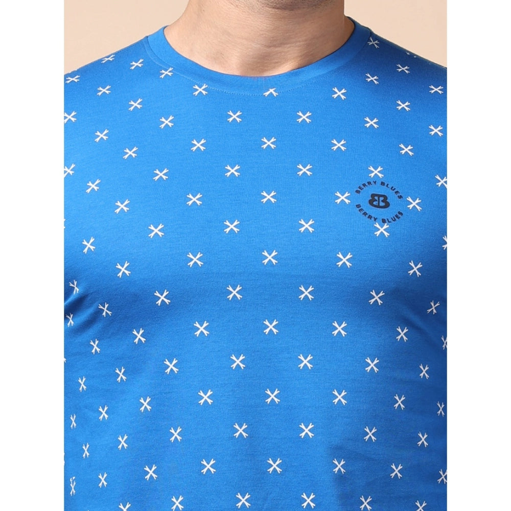 Men's Casual Cotton Printed Round Neck Full Sleeve T-Shirt (Blue)