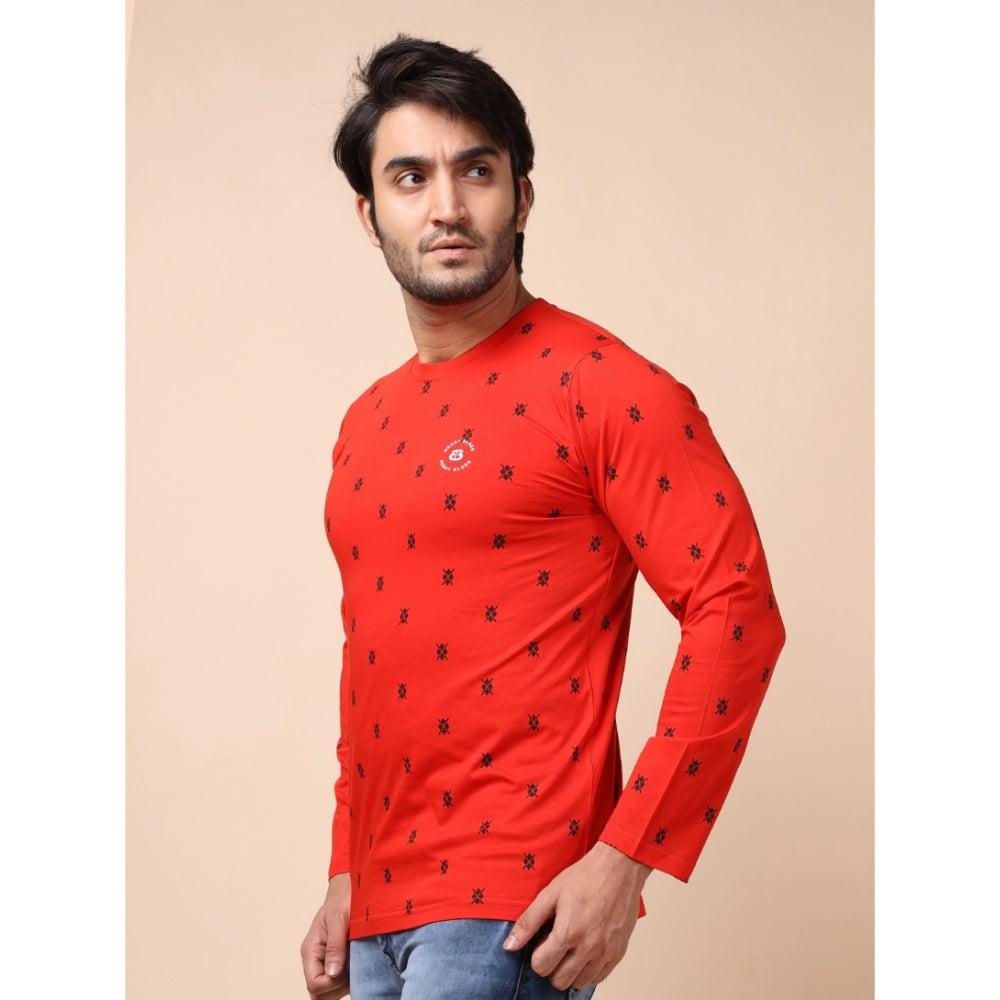 Men's Casual Cotton Printed Round Neck Full Sleeve T-Shirt (Red)