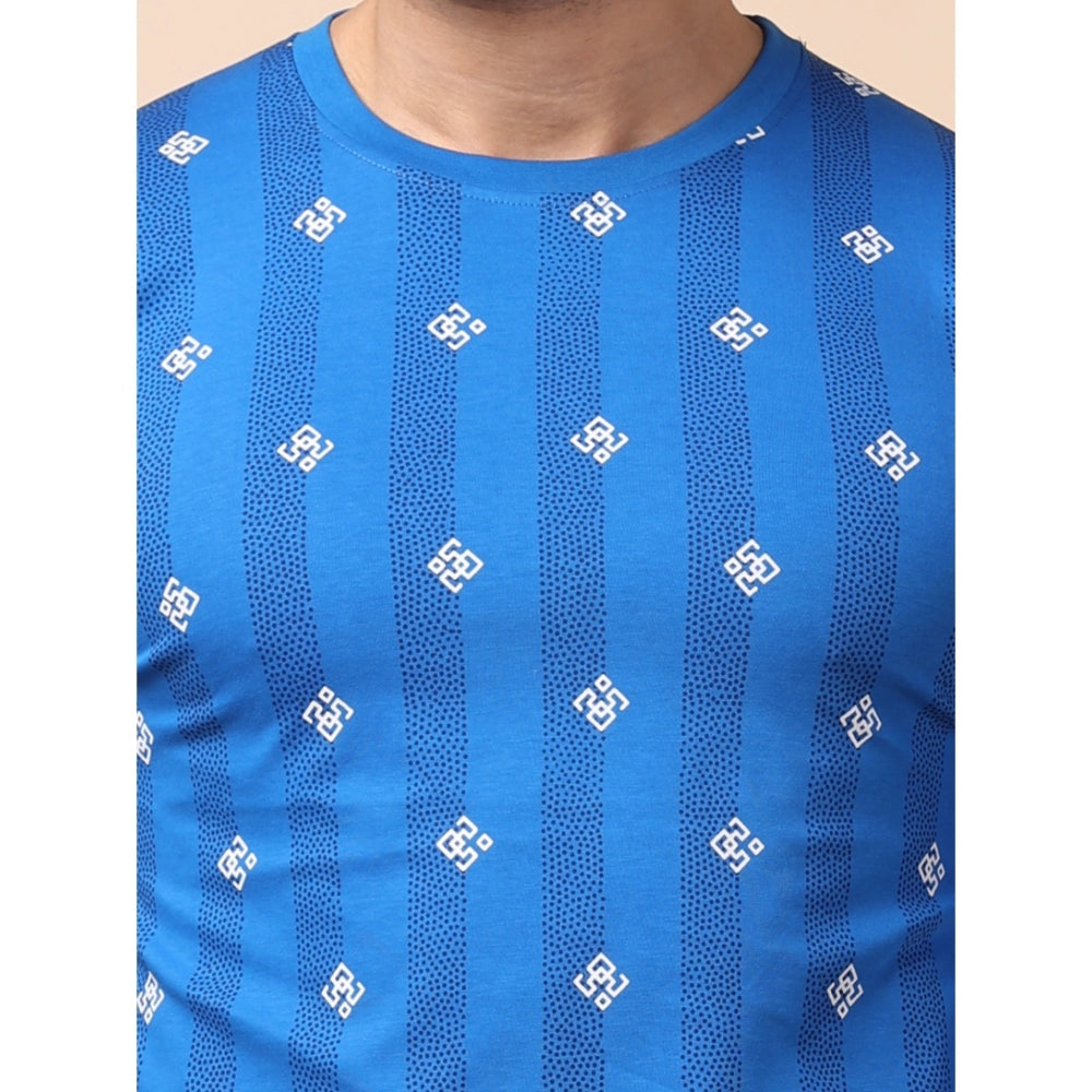 Men's Casual Cotton Printed Round Neck Full Sleeve T-Shirt (Blue)