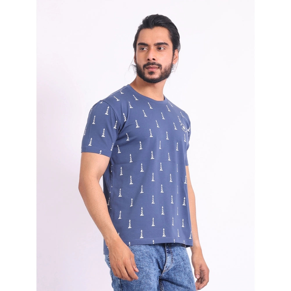 Men's Casual Cotton Printed Round Neck Half Sleeve T-Shirt (Blue)