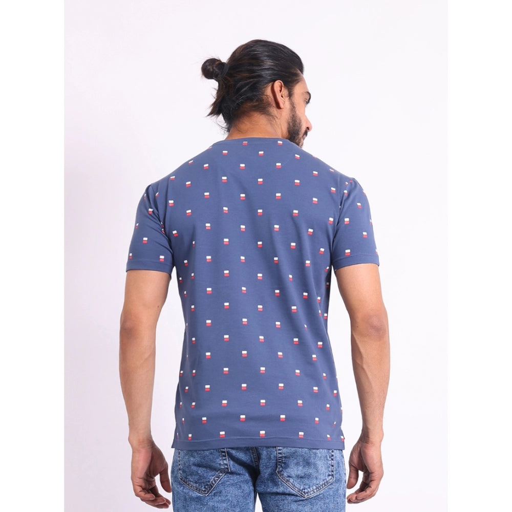 Men's Casual Cotton Printed Round Neck Half Sleeve T-Shirt (Blue)