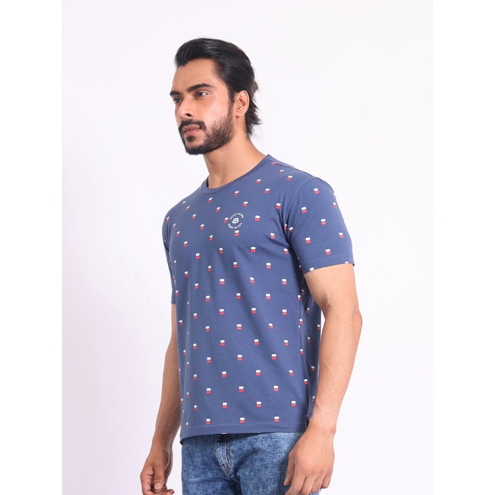 Men's Casual Cotton Printed Round Neck Half Sleeve T-Shirt (Blue)