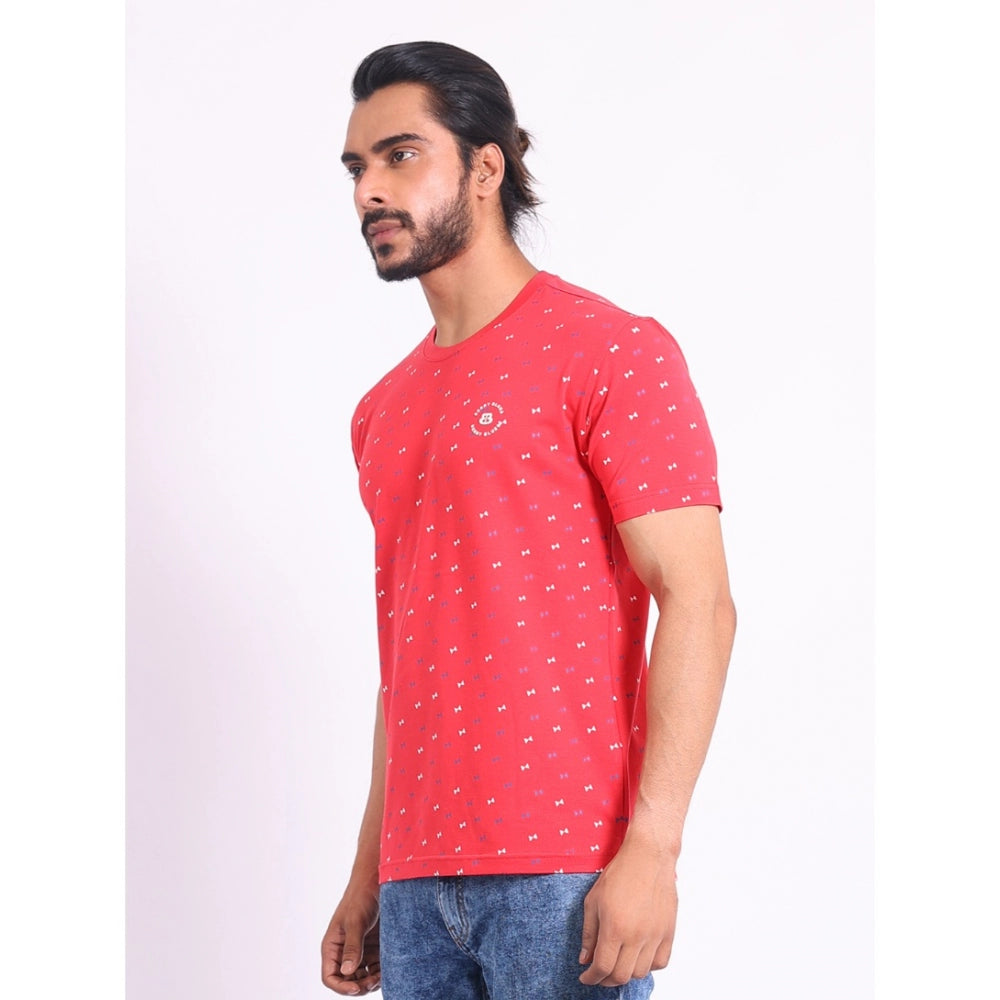 Men's Casual Cotton Printed Round Neck Half Sleeve T-Shirt (Red)