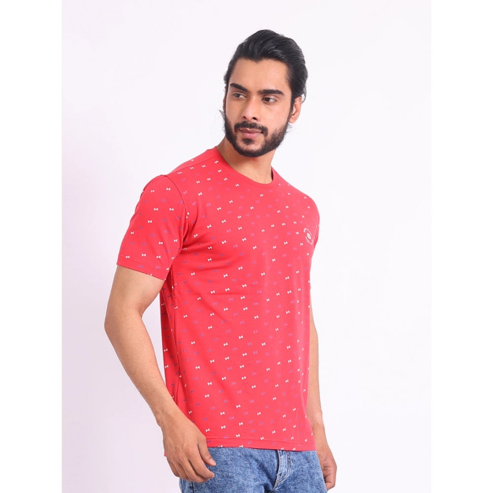 Men's Casual Cotton Printed Round Neck Half Sleeve T-Shirt (Red)