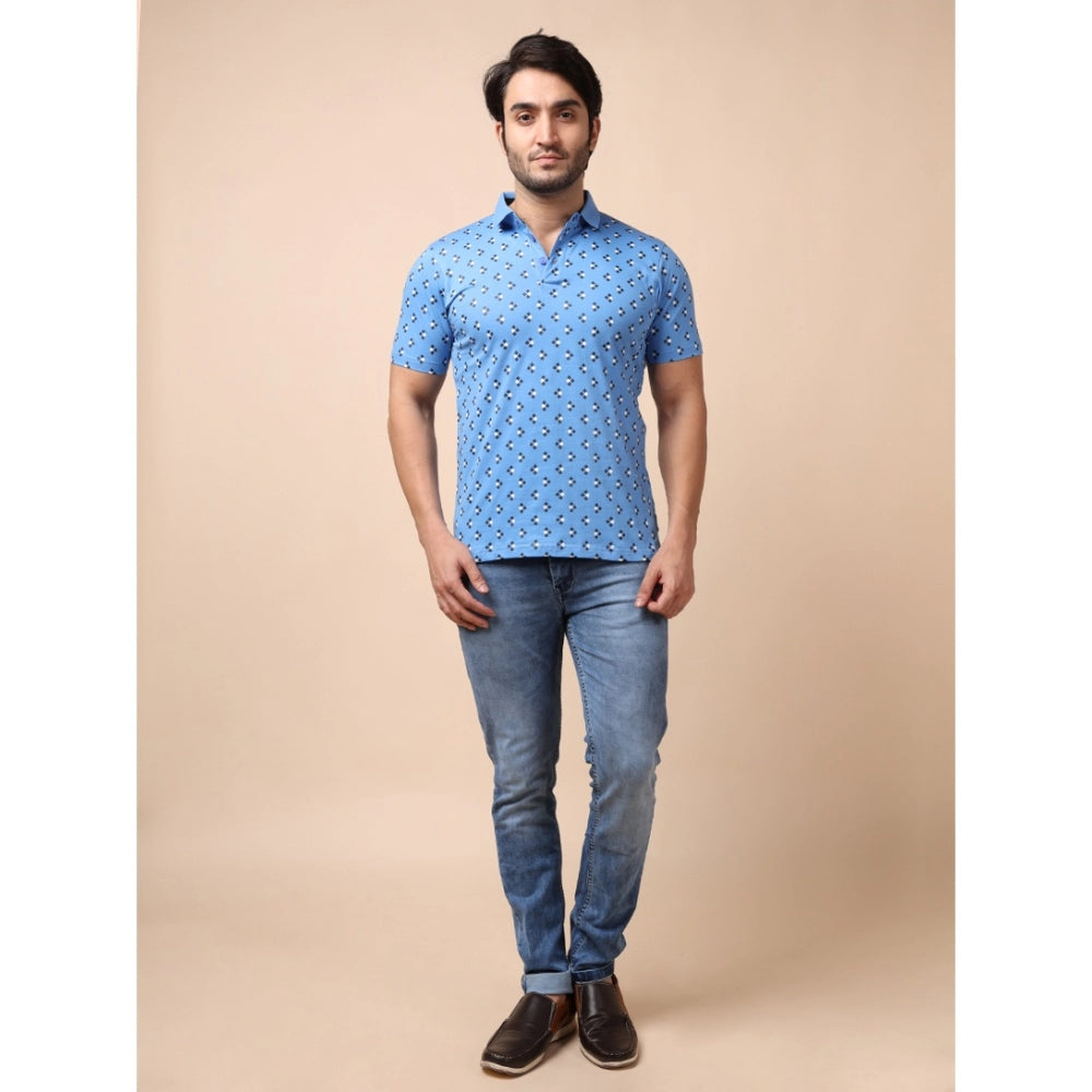 Men's Casual Cotton Printed Polo Neck Half Sleeve T-Shirt (Blue)