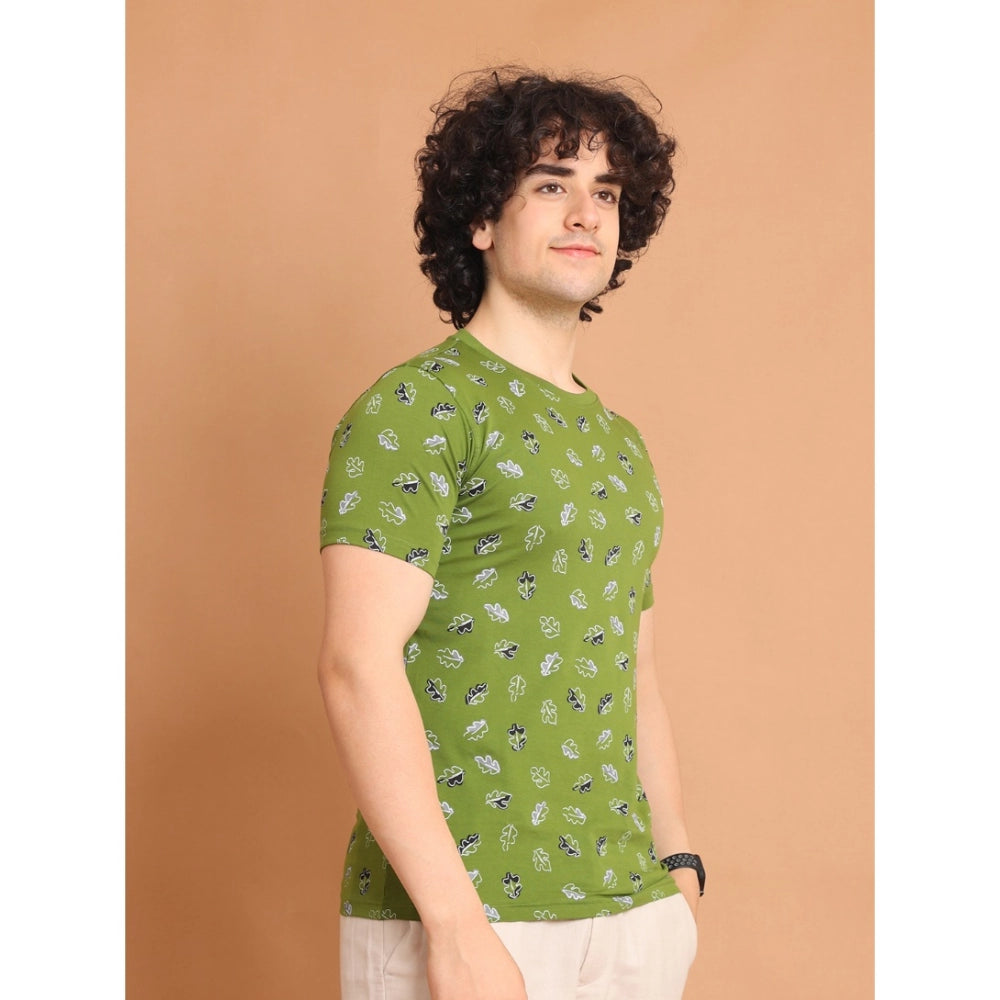 Men's Casual Cotton Printed Round Neck Half Sleeve T-Shirt (Green)