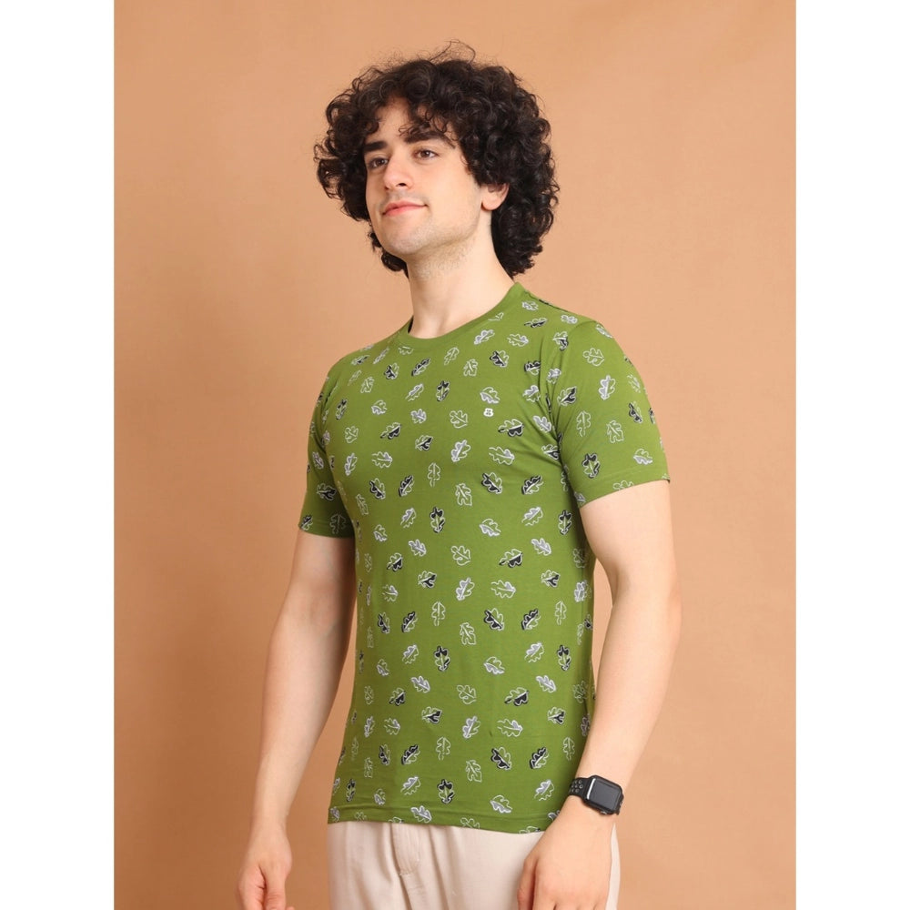 Men's Casual Cotton Printed Round Neck Half Sleeve T-Shirt (Green)