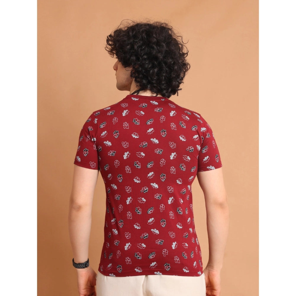 Men's Casual Cotton Printed Round Neck Half Sleeve T-Shirt (Maroon)