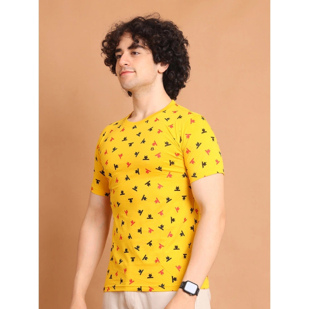 Men's Casual Cotton Printed Round Neck Half Sleeve T-Shirt (Yellow)