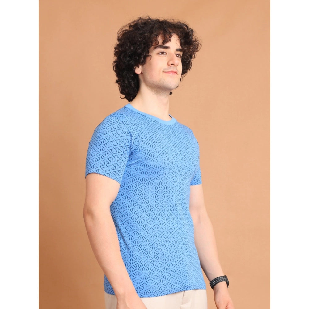 Men's Casual Cotton Printed Round Neck Half Sleeve T-Shirt (LightBlue)