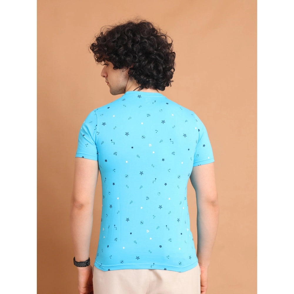 Men's Casual Cotton Printed Round Neck Half Sleeve T-Shirt (Skyblue)