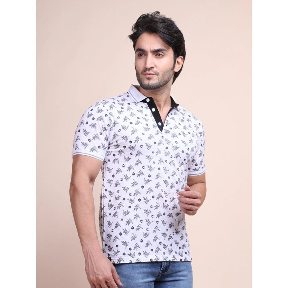 Men's Casual Cotton Printed Polo Neck Half Sleeve T-Shirt (White)