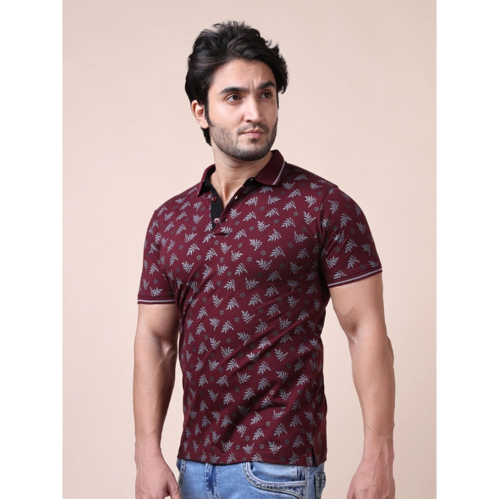 Men's Casual Cotton Printed Polo Neck Half Sleeve T-Shirt (Plum)