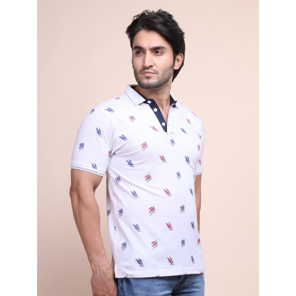 Men's Casual Cotton Printed Polo Neck Half Sleeve T-Shirt (White)