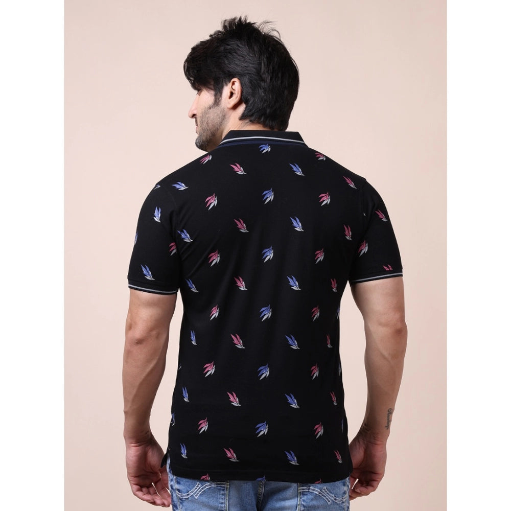 Men's Casual Cotton Printed Polo Neck Half Sleeve T-Shirt (Black)