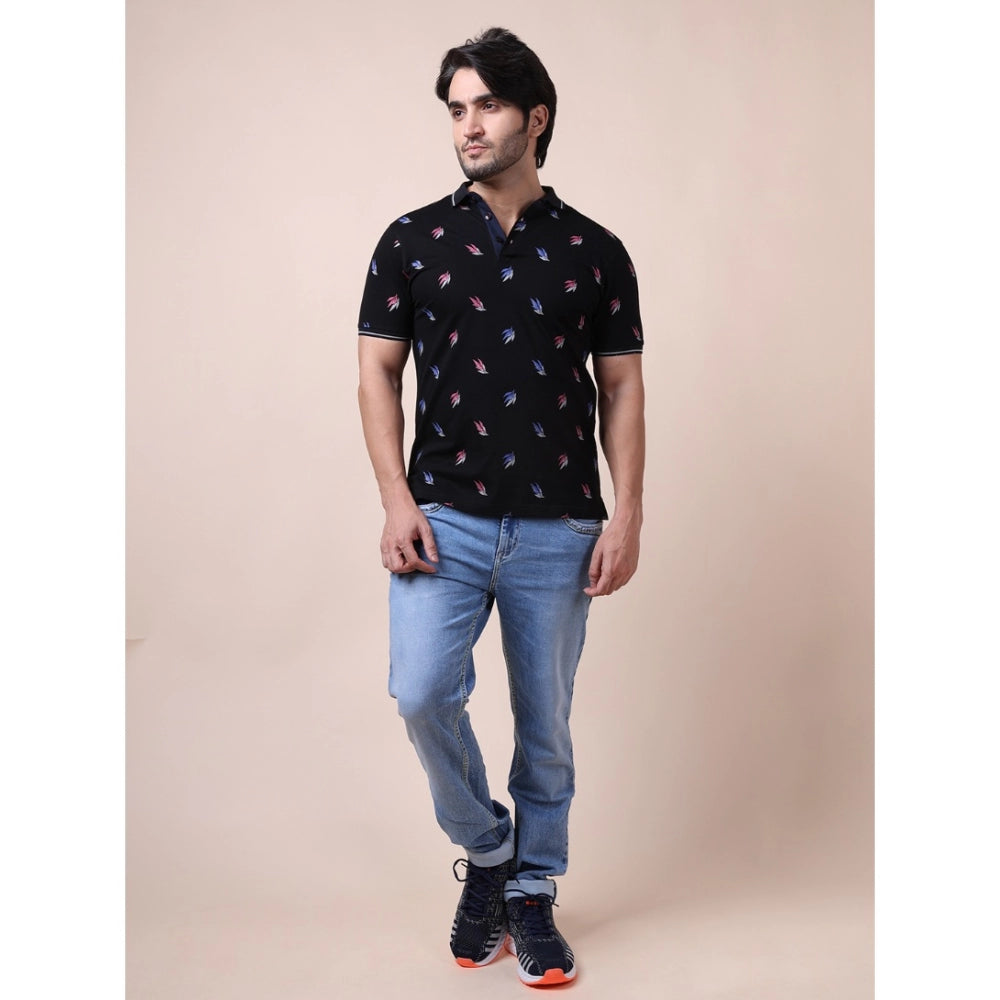 Men's Casual Cotton Printed Polo Neck Half Sleeve T-Shirt (Black)