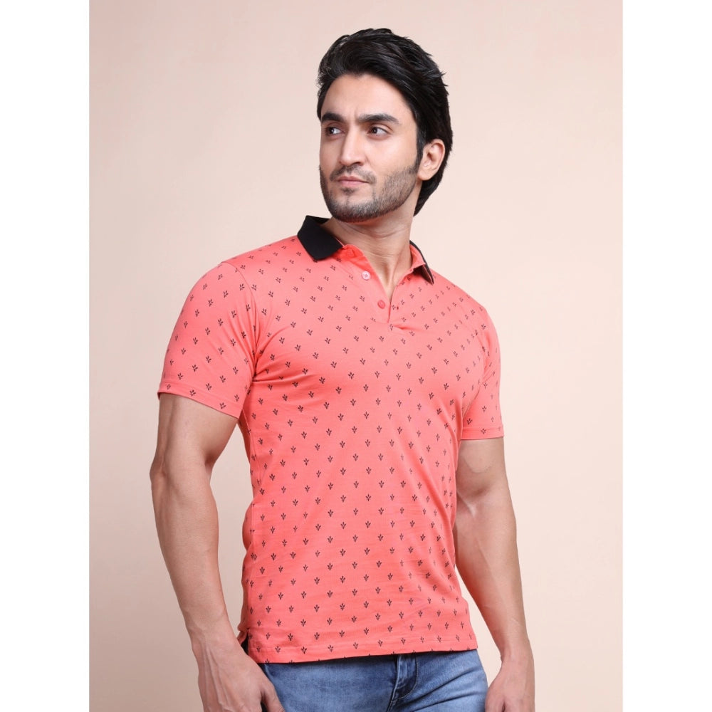 Men's Casual Cotton Printed Polo Neck Half Sleeve T-Shirt (Red)