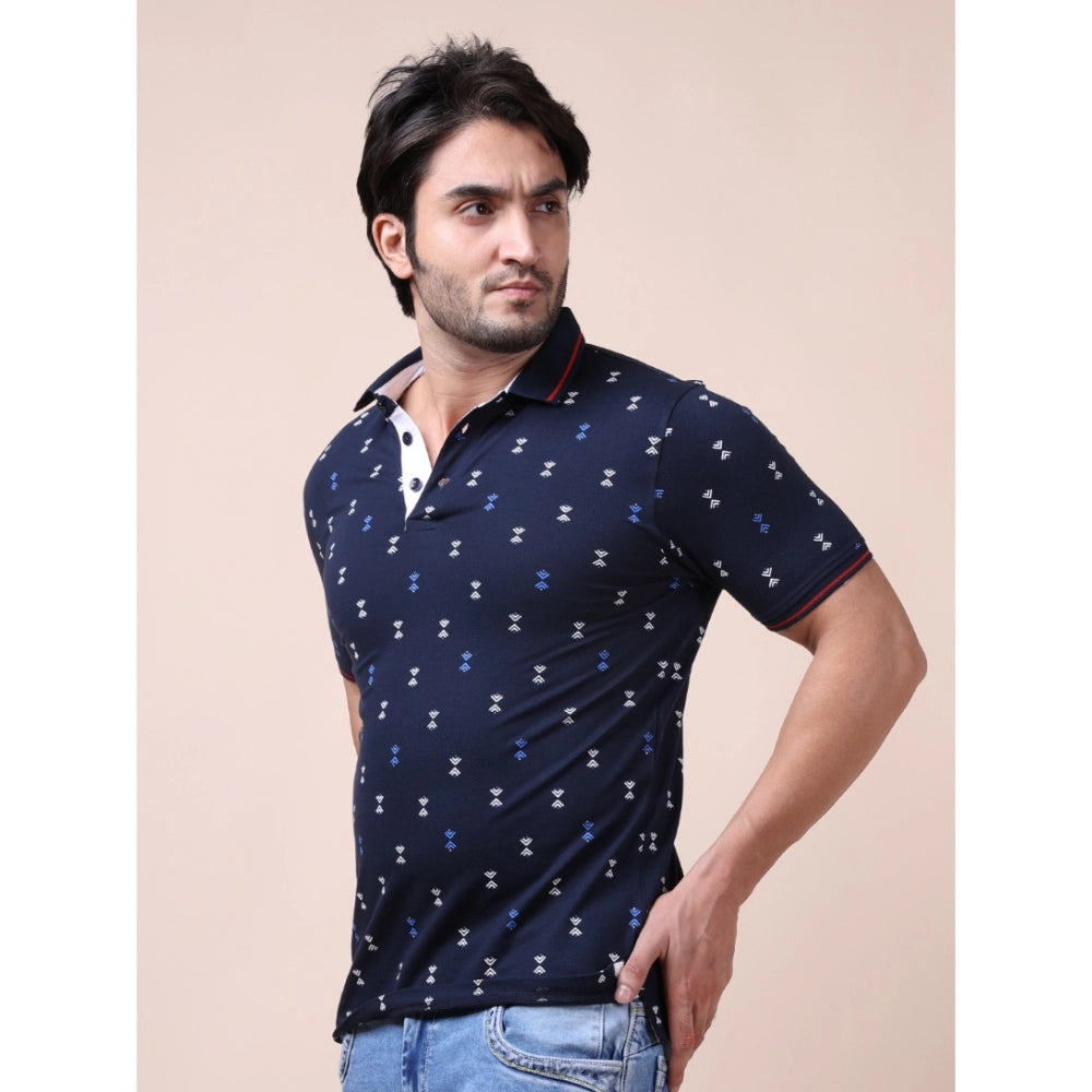 Men's Casual Cotton Printed Polo Neck Half Sleeve T-Shirt (Navy)