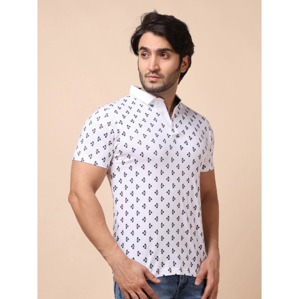 Men's Casual Cotton Printed Polo Neck Half Sleeve T-Shirt (White)