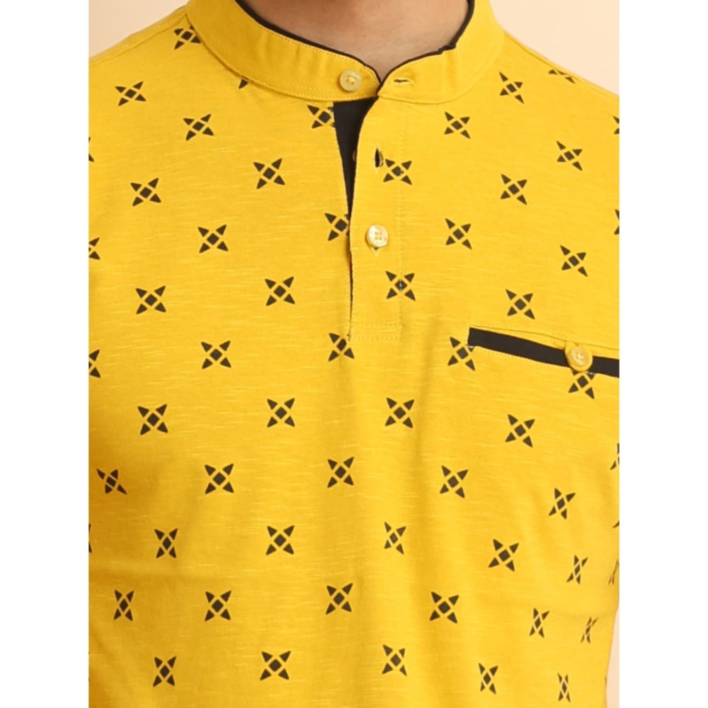 Men's Casual Cotton Printed Mandarin Collar Half Sleeve T-Shirt (Mustard)