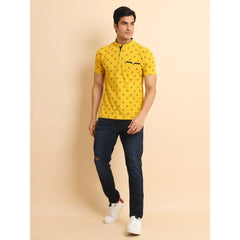 Men's Casual Cotton Printed Mandarin Collar Half Sleeve T-Shirt (Mustard)