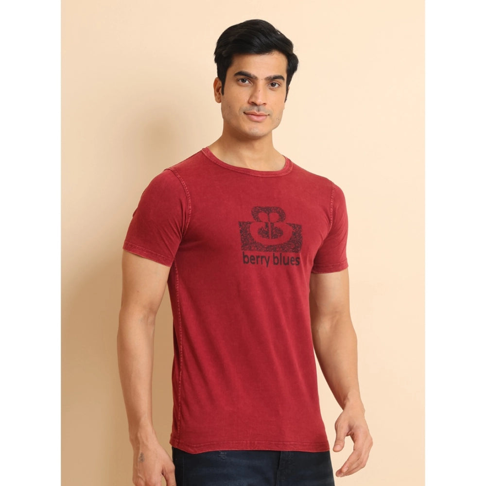 Men's Casual Cotton Printed Round Neck Half Sleeve T-Shirt (Maroon)