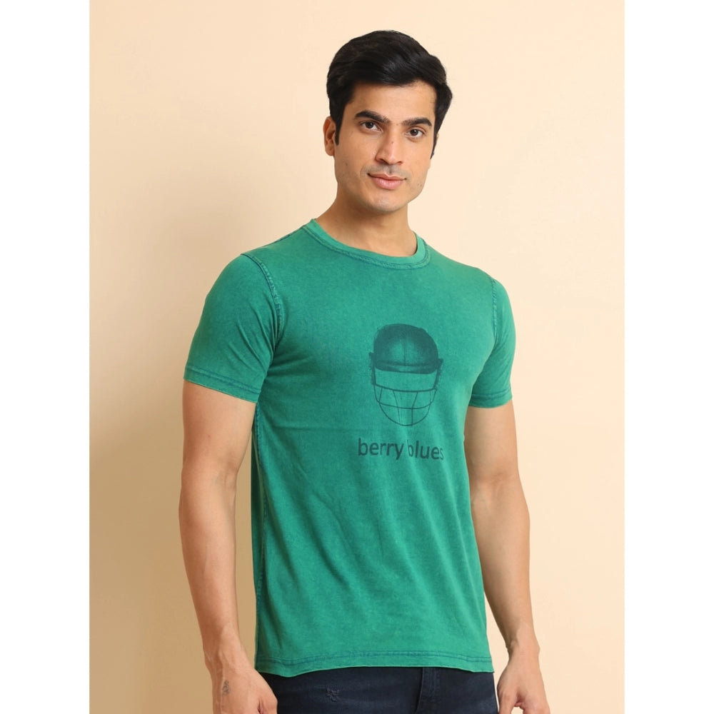 Men's Casual Cotton Printed Round Neck Half Sleeve T-Shirt (Green)