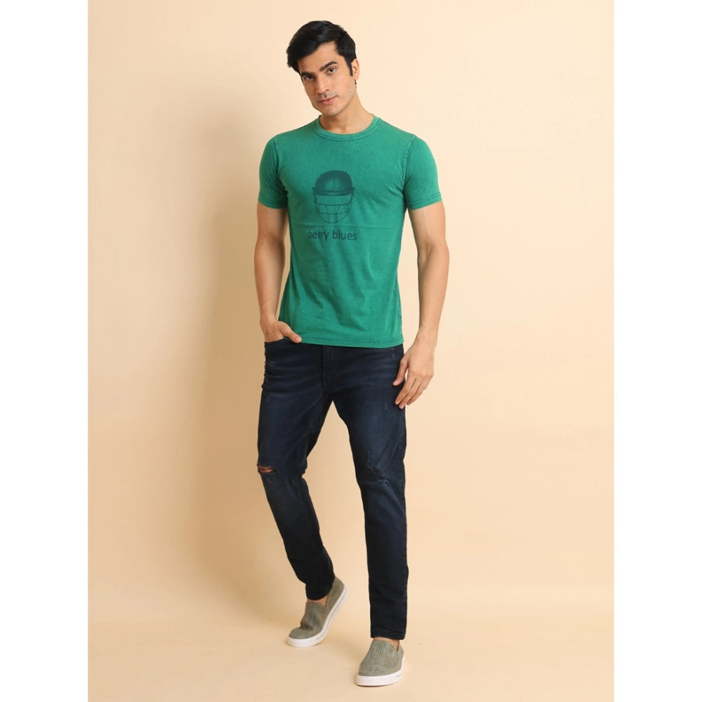 Men's Casual Cotton Printed Round Neck Half Sleeve T-Shirt (Green)