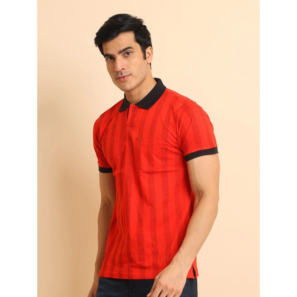 Men's Casual Cotton Printed Polo Neck Half Sleeve T-Shirt (Red)