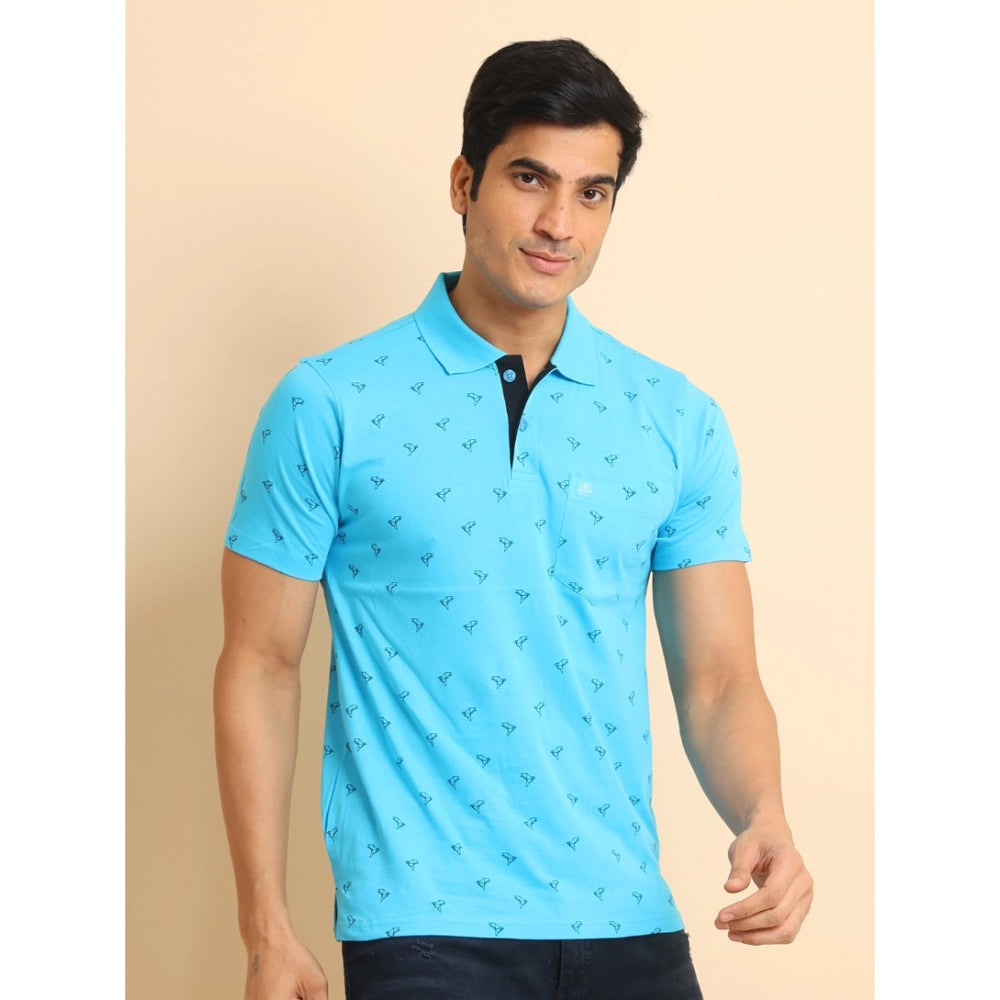 Men's Casual Cotton Printed Polo Neck Half Sleeve T-Shirt (Skyblue)