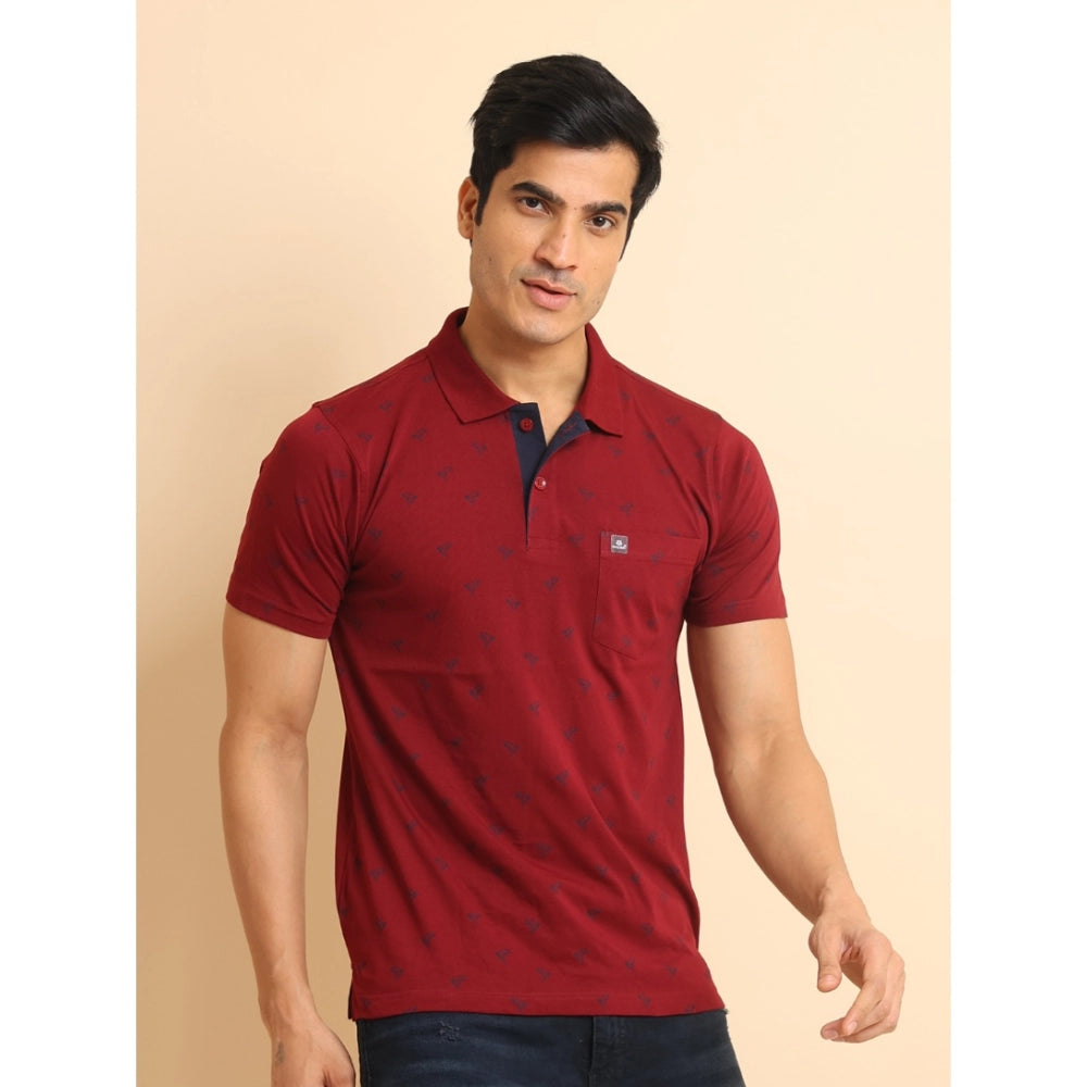 Men's Casual Cotton Printed Polo Neck Half Sleeve T-Shirt (Red)