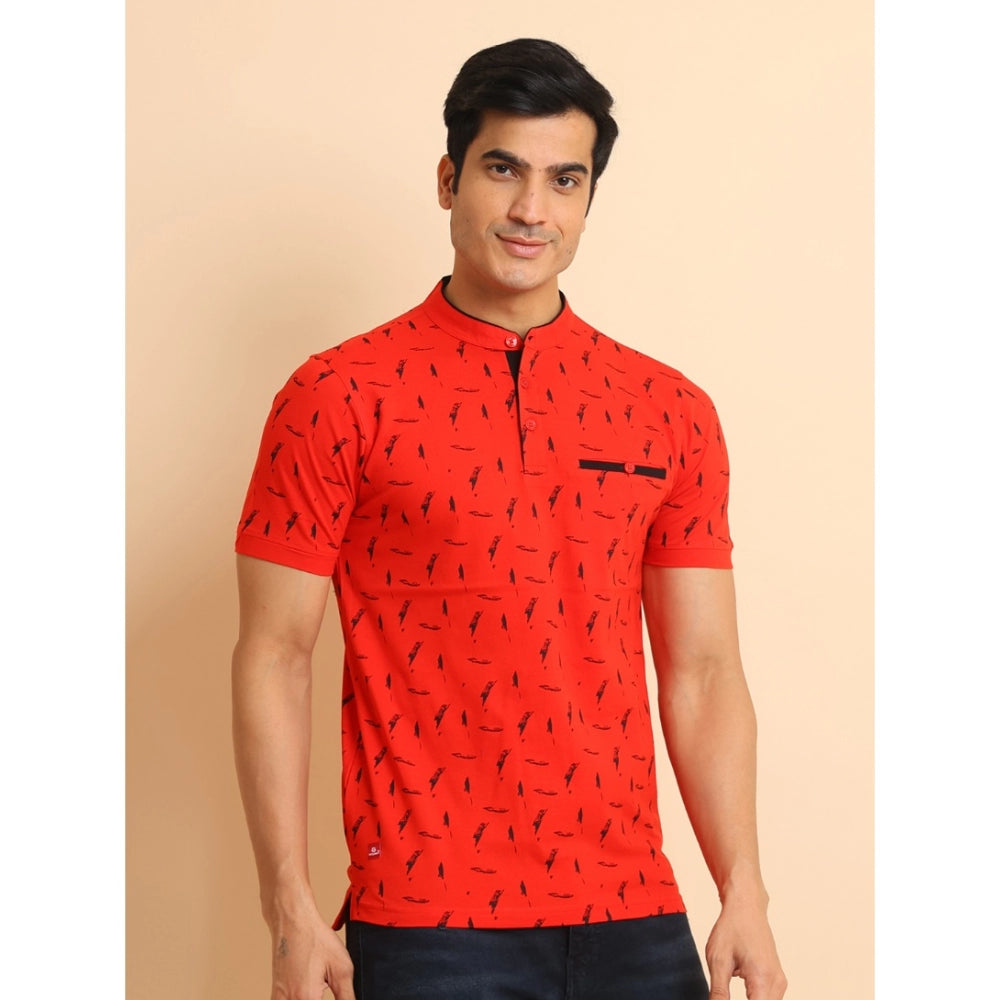 Men's Casual Cotton Printed Mandarin Collar Half Sleeve T-Shirt (Red)