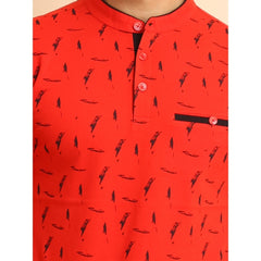 Men's Casual Cotton Printed Mandarin Collar Half Sleeve T-Shirt (Red)