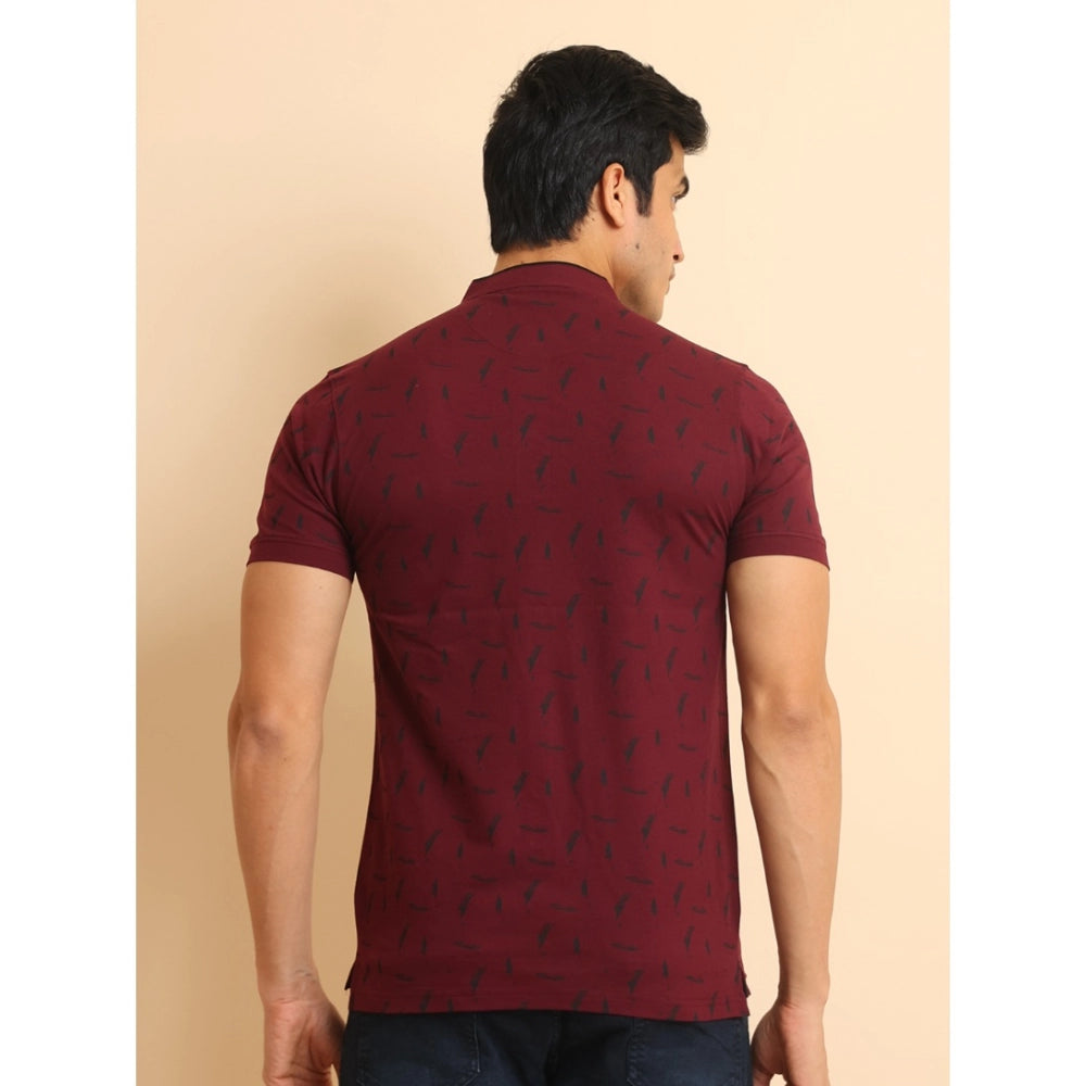 Men's Casual Cotton Printed Mandarin Collar Half Sleeve T-Shirt (Plum)