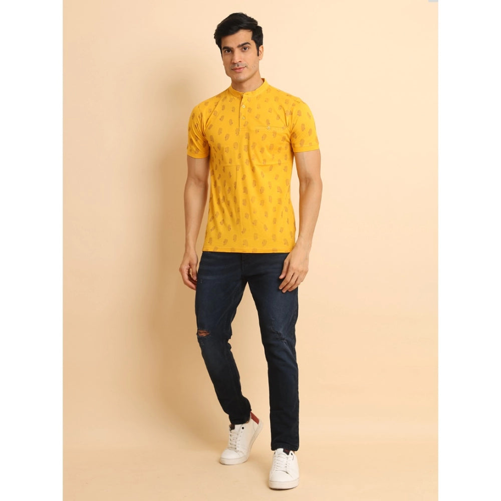 Men's Casual Cotton Printed Mandarin Collar Half Sleeve T-Shirt (Mustard)