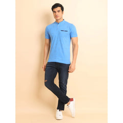 Men's Casual Cotton Printed Mandarin Collar Half Sleeve T-Shirt (LightBlue)