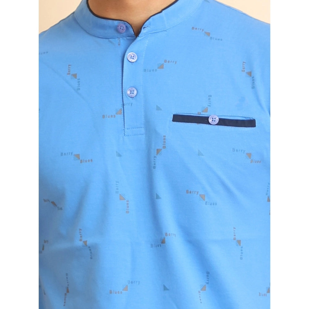 Men's Casual Cotton Printed Mandarin Collar Half Sleeve T-Shirt (LightBlue)