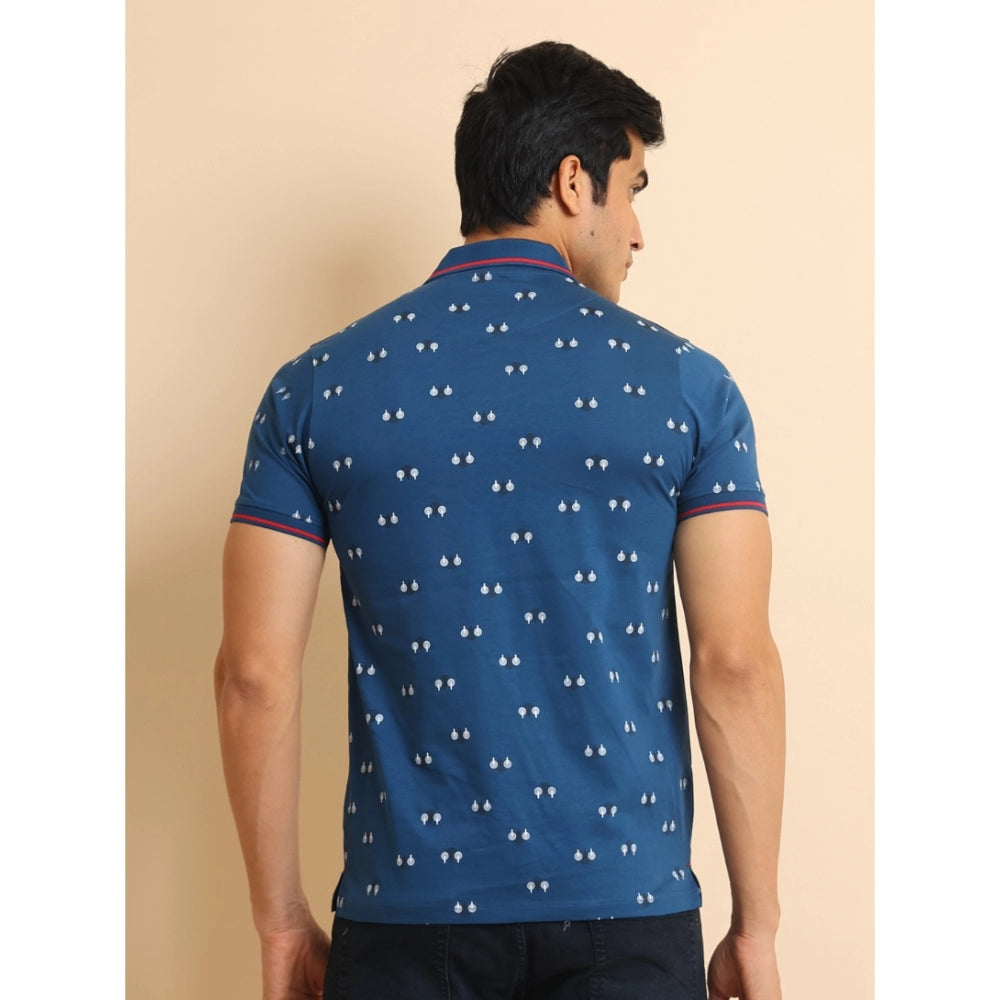 Men's Casual Cotton Printed Polo Neck Half Sleeve T-Shirt (Blue)