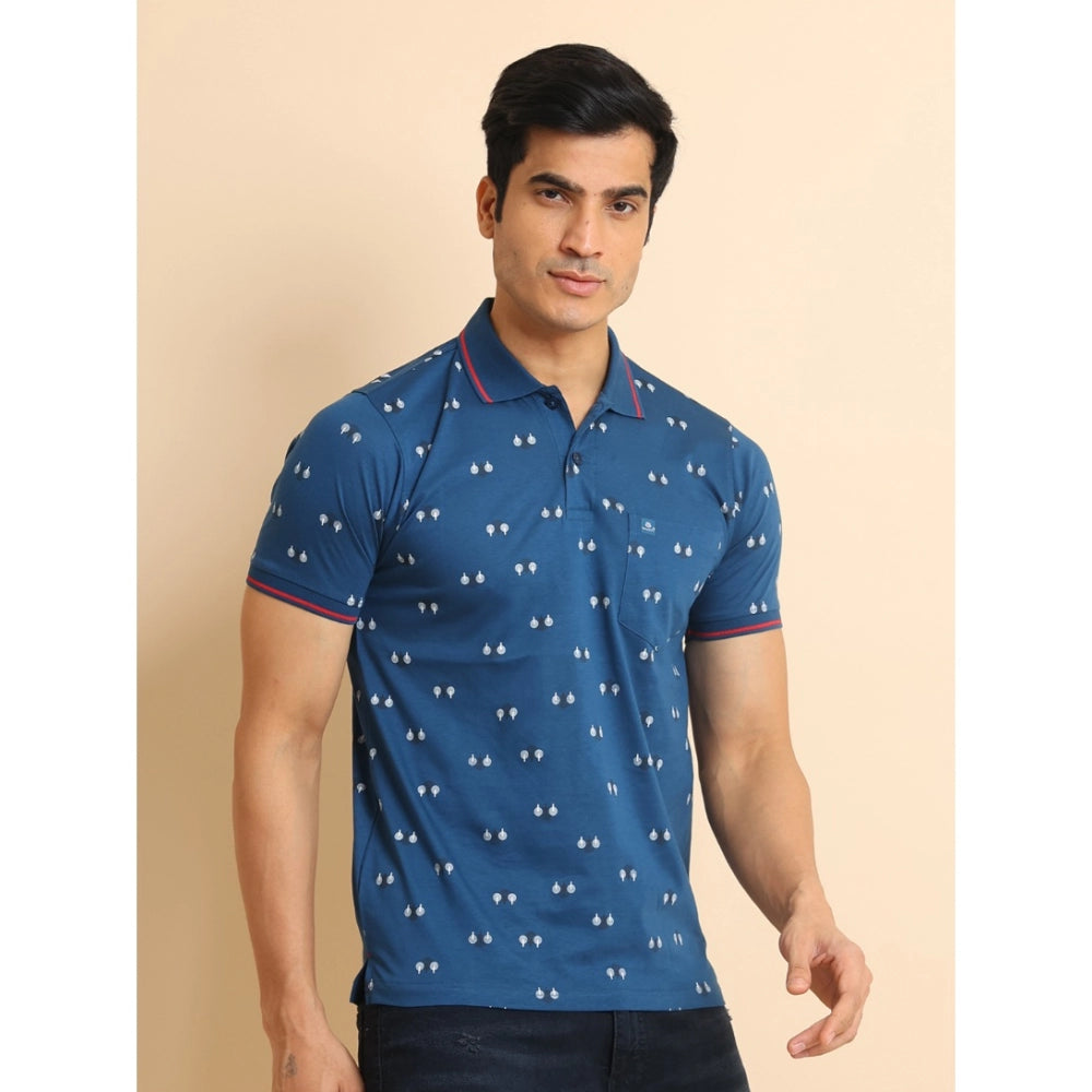 Men's Casual Cotton Printed Polo Neck Half Sleeve T-Shirt (Blue)