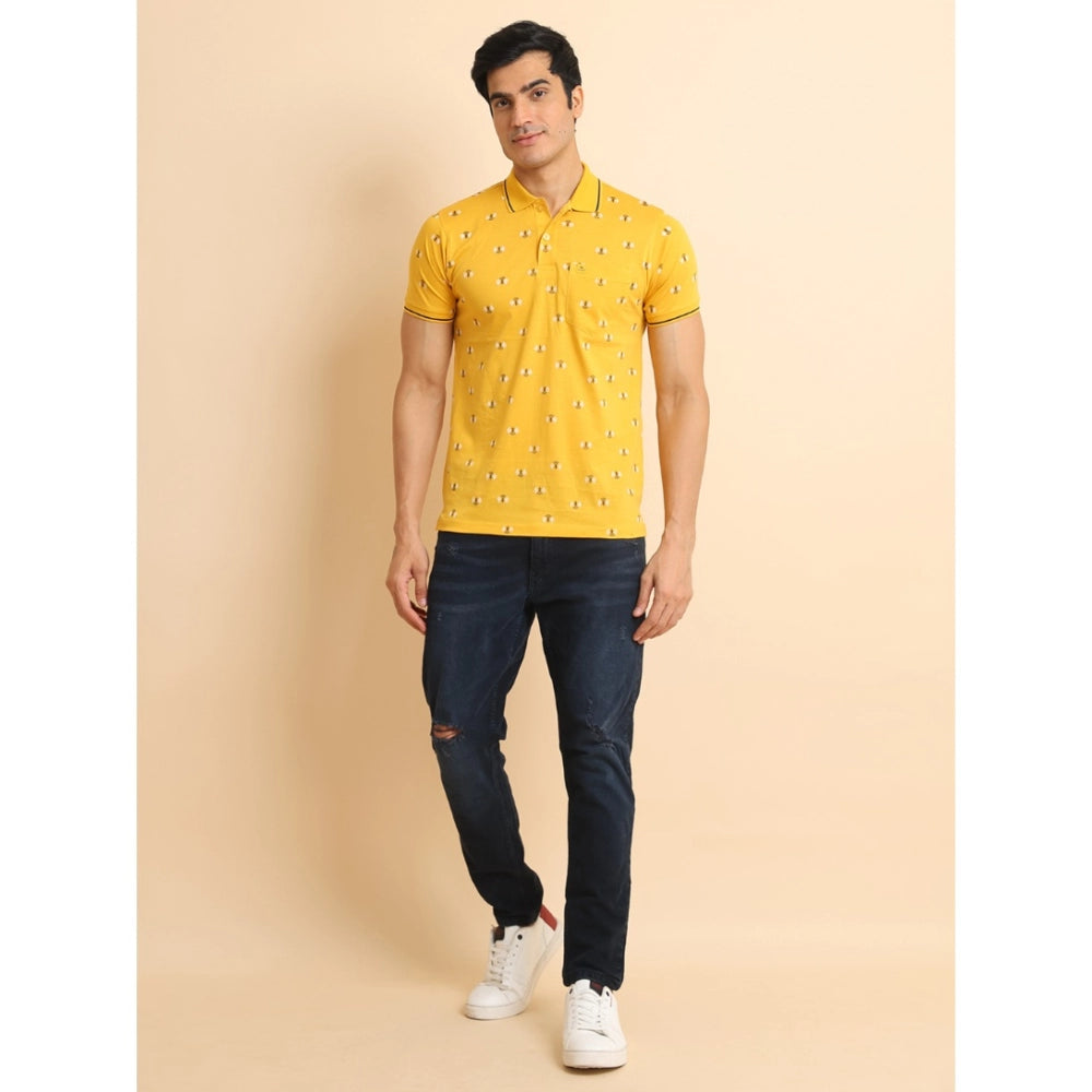 Men's Casual Cotton Printed Polo Neck Half Sleeve T-Shirt (Mustard)