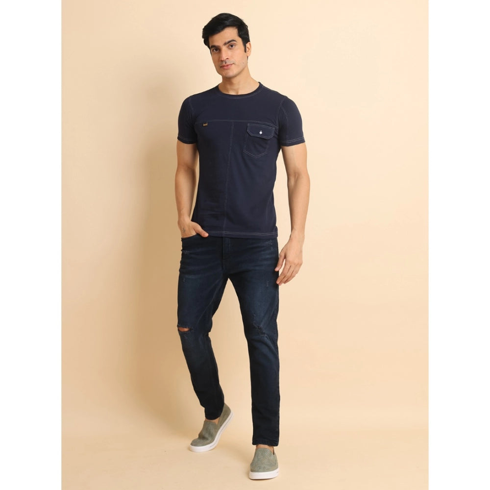 Men's Casual Cotton Solid Round Neck Half Sleeve T-Shirt (Navy)