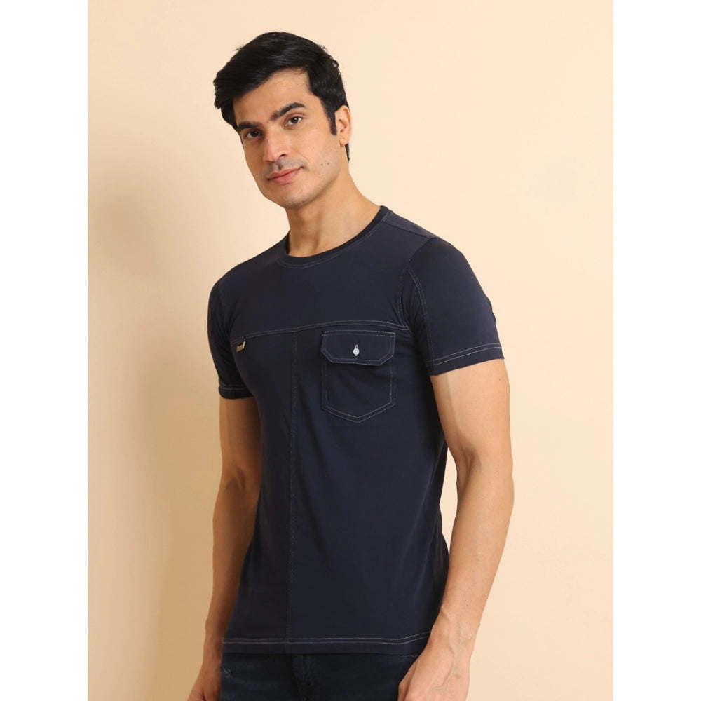 Men's Casual Cotton Solid Round Neck Half Sleeve T-Shirt (Navy)