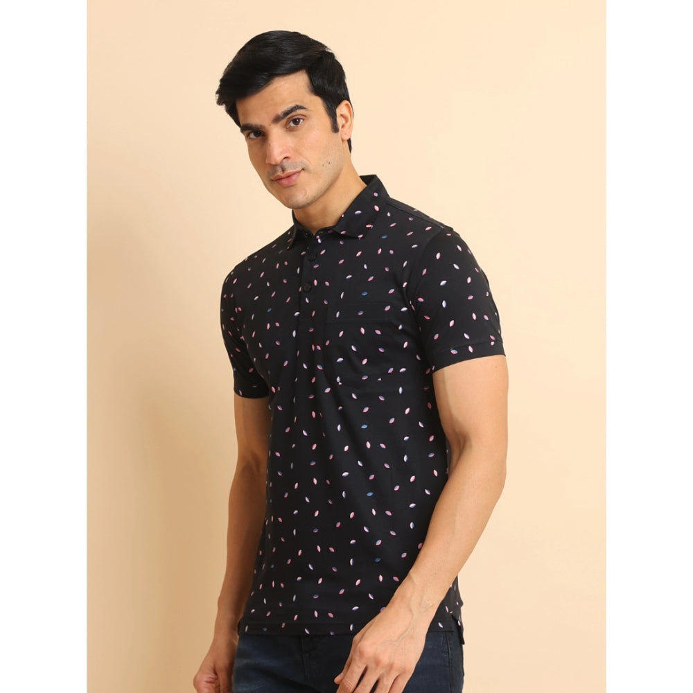 Men's Casual Cotton Printed Polo Neck Half Sleeve T-Shirt (Black)