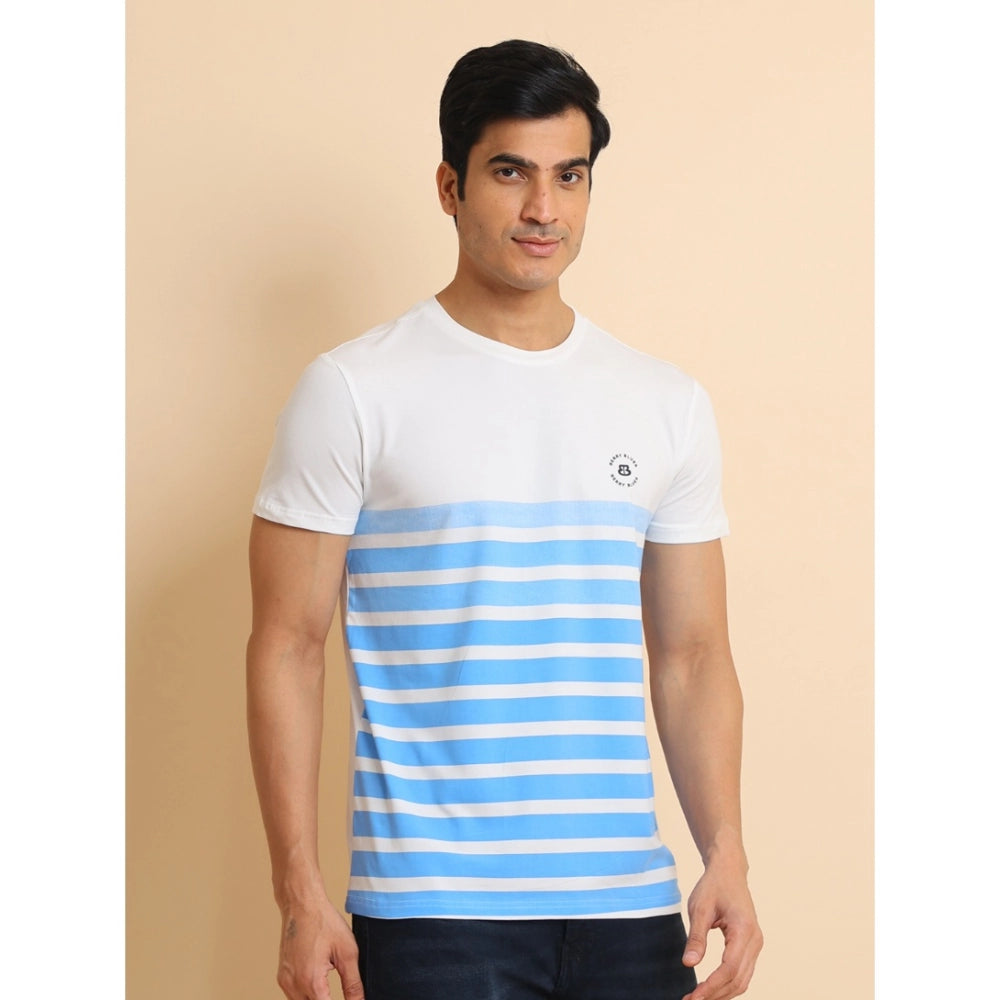 Men's Casual Cotton Printed Round Neck Half Sleeve T-Shirt (Blue)