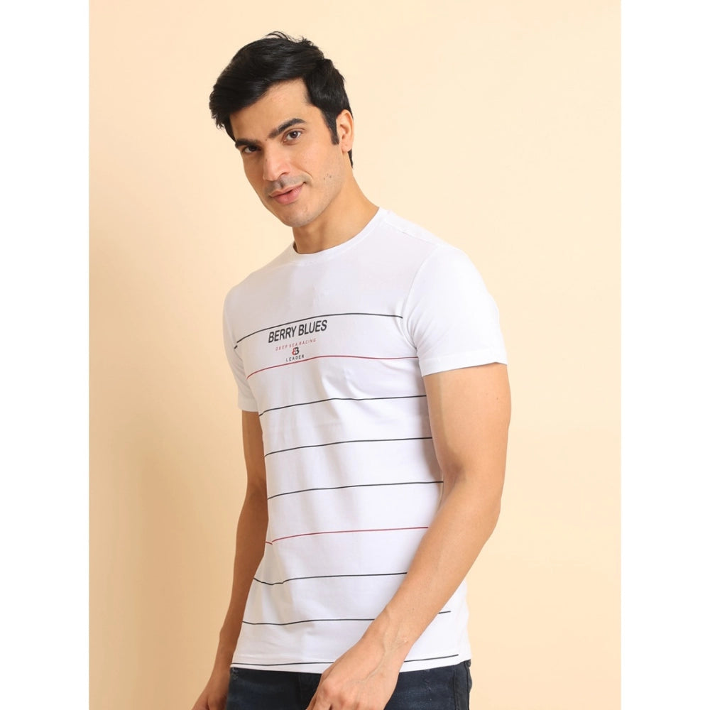 Men's Casual Cotton Printed Round Neck Half Sleeve T-Shirt (White)