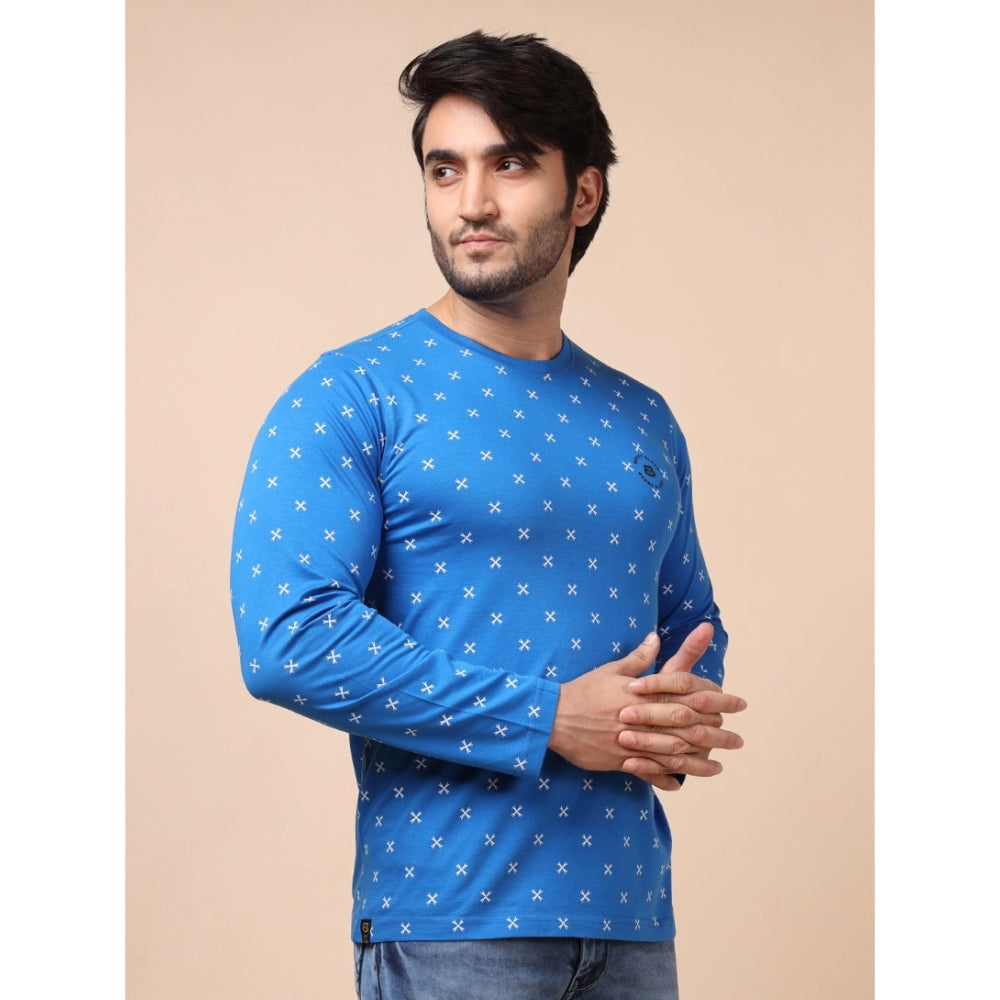 Men's Casual Cotton Printed Round Neck Full Sleeve T-Shirt (Blue)